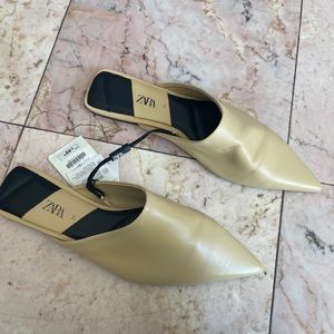 Zara pointed toe flat leather mules nwt 39 nude